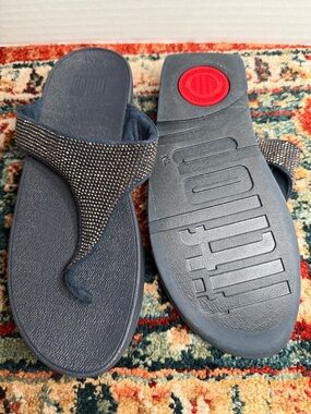 FitFlop Navy Crystal-Embellished Thong Wedge Sandals